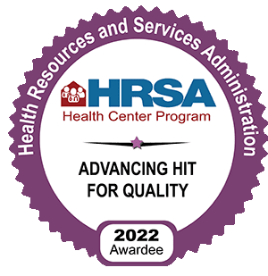 Award badge: Health Resources and Services Administration Health Center program: Advancing HIT for quality 2022 Awardee